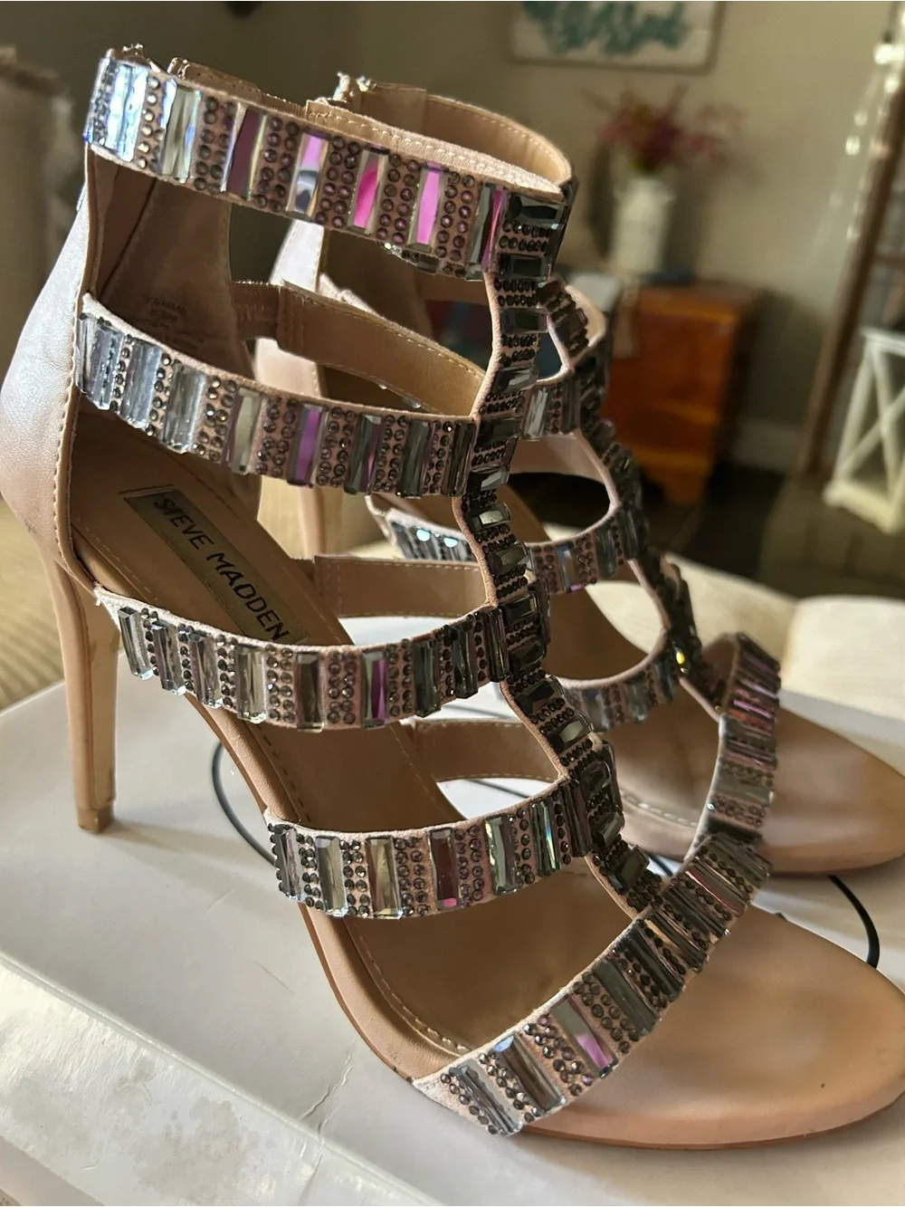 Steve Madden Nude Strappy Heeled Sandals with Iridescent Beading